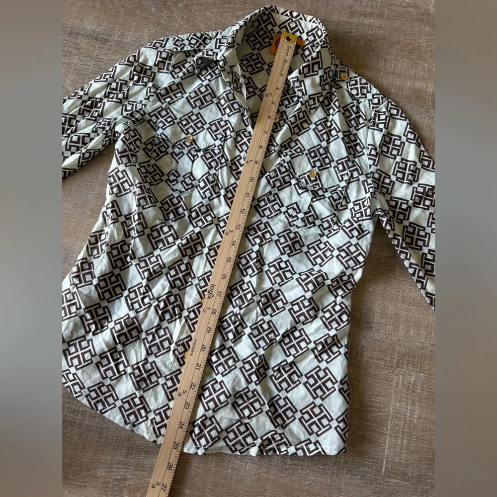 ▶️ Tory Burch Logo Print Blouse Women 2 Sheer Button Front Collared Long Sleeve